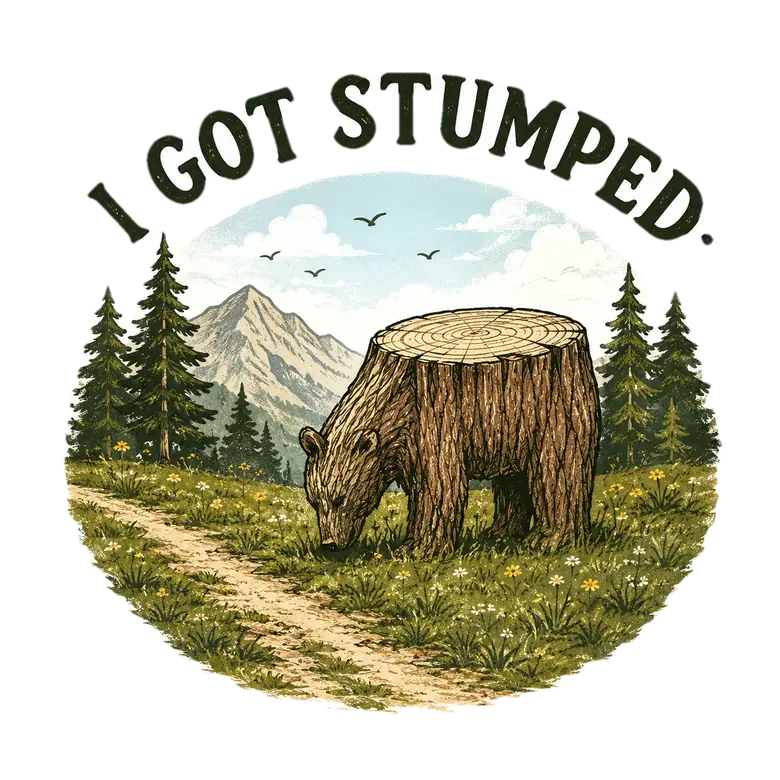 A grazing bear made of bark and wood grain in a mountain meadow