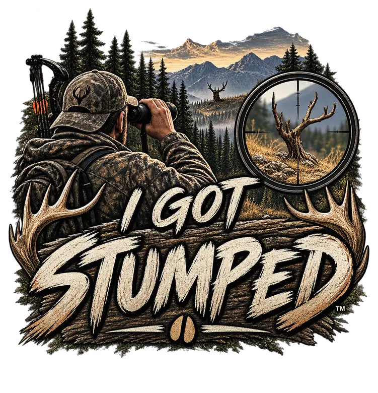 A hunter glassing at first light with antlers and a fallen log
