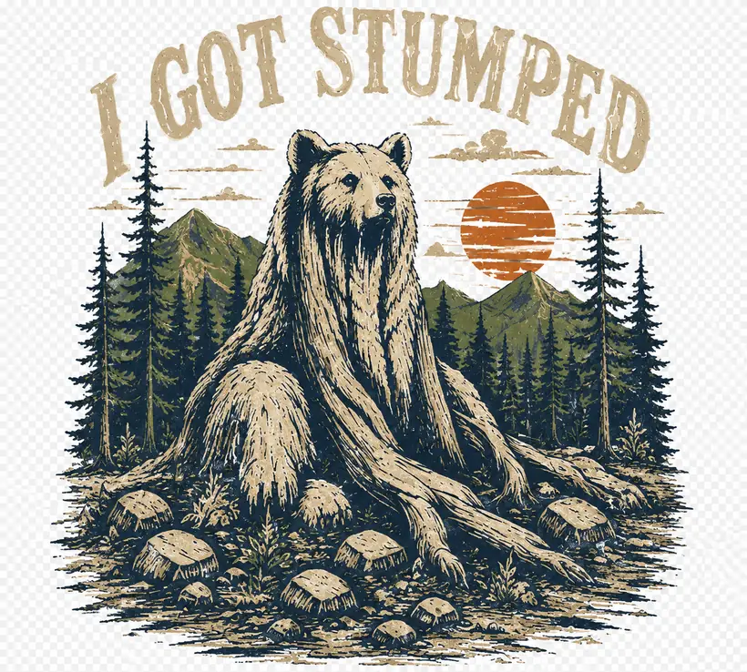 A grizzly bear formed entirely from tree roots and stumps, backed by a rust-orange sun